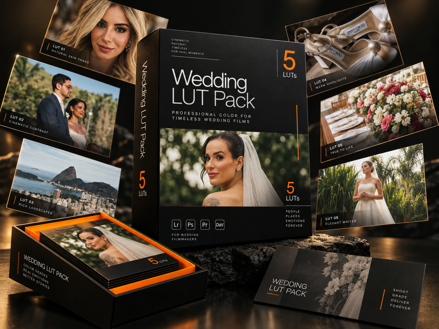 Pack LUTs R.A Filmes: caixa com os 5 LUTs e frames de casamentos reais